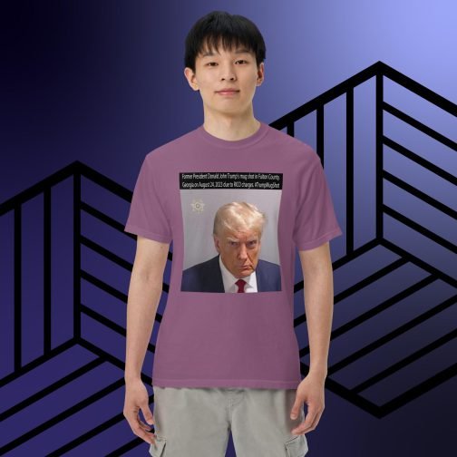 Former President Donald John Trump's Mug Shot Fulton County, Georgia RICO Men’s garment-dyed heavyweight t-shirt berry purple