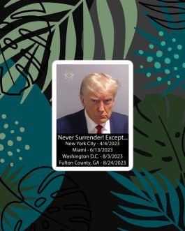 Trump Mug Shot: Never Surrender! Except... He Surrendered stickers white 3x3 inches