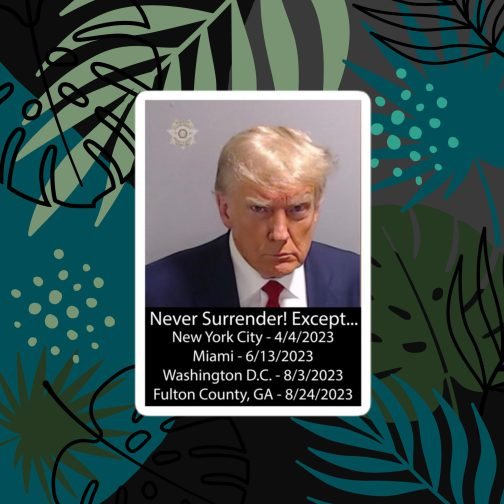 Trump Mug Shot: Never Surrender! Except... He Surrendered stickers 4x4 inches white