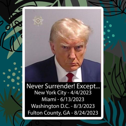 Trump Mug Shot: Never Surrender! Except... He Surrendered stickers white 5,5x5,5 inches