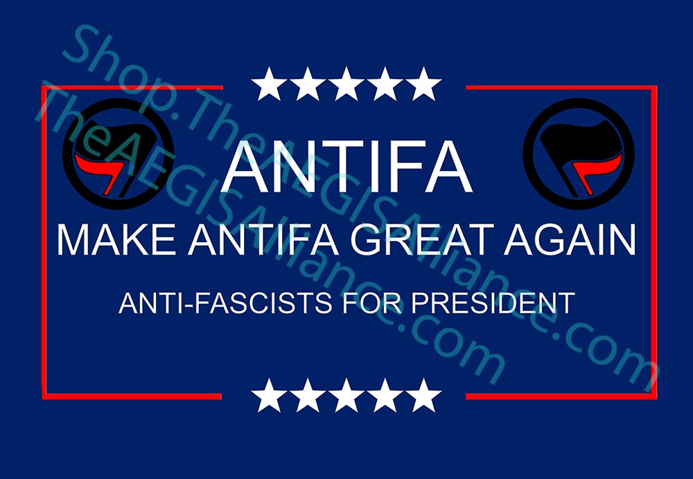 The design says: Antifa Make Antifa Great Again Anti-Fascists for President The design is a play on words with MAGA. There are also 5 stars on both the top and bottom, and the Antifa flag on the upper left and right of the design watermarked featured image for related products