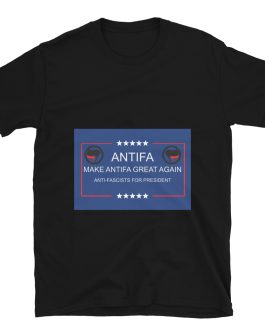 The design says: Antifa Make Antifa Great Again Anti-Fascists for President The design is a play on words with MAGA. There are also 5 stars on both the top and bottom, and the Antifa flag on the upper left and right of the design featured image