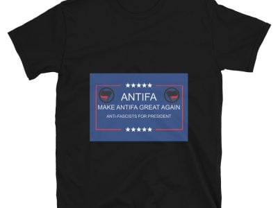 The design says: Antifa Make Antifa Great Again Anti-Fascists for President The design is a play on words with MAGA. There are also 5 stars on both the top and bottom, and the Antifa flag on the upper left and right of the design featured image