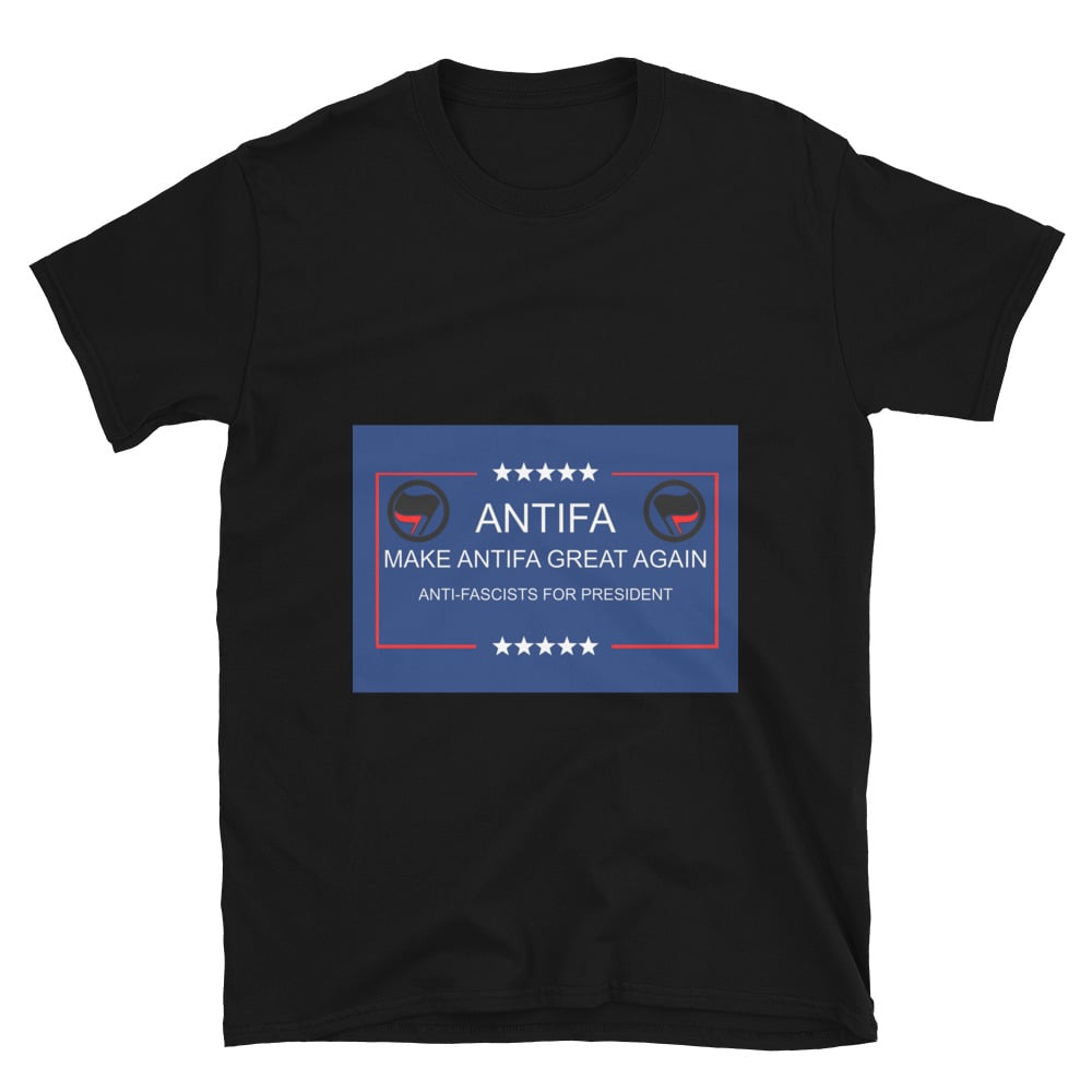 The design says: Antifa Make Antifa Great Again Anti-Fascists for President The design is a play on words with MAGA. There are also 5 stars on both the top and bottom, and the Antifa flag on the upper left and right of the design featured image