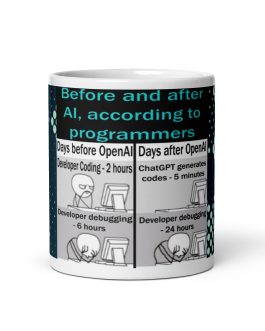 Before and after AI artificial intelligence according to programmers Mug coffee cup 11 oz tech technology techie geeks nerds gifts presents computer guys people IT cyber security artificial intelligence front view