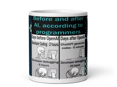 Before and after AI artificial intelligence according to programmers Mug coffee cup 11 oz tech technology techie geeks nerds gifts presents computer guys people IT cyber security artificial intelligence front view