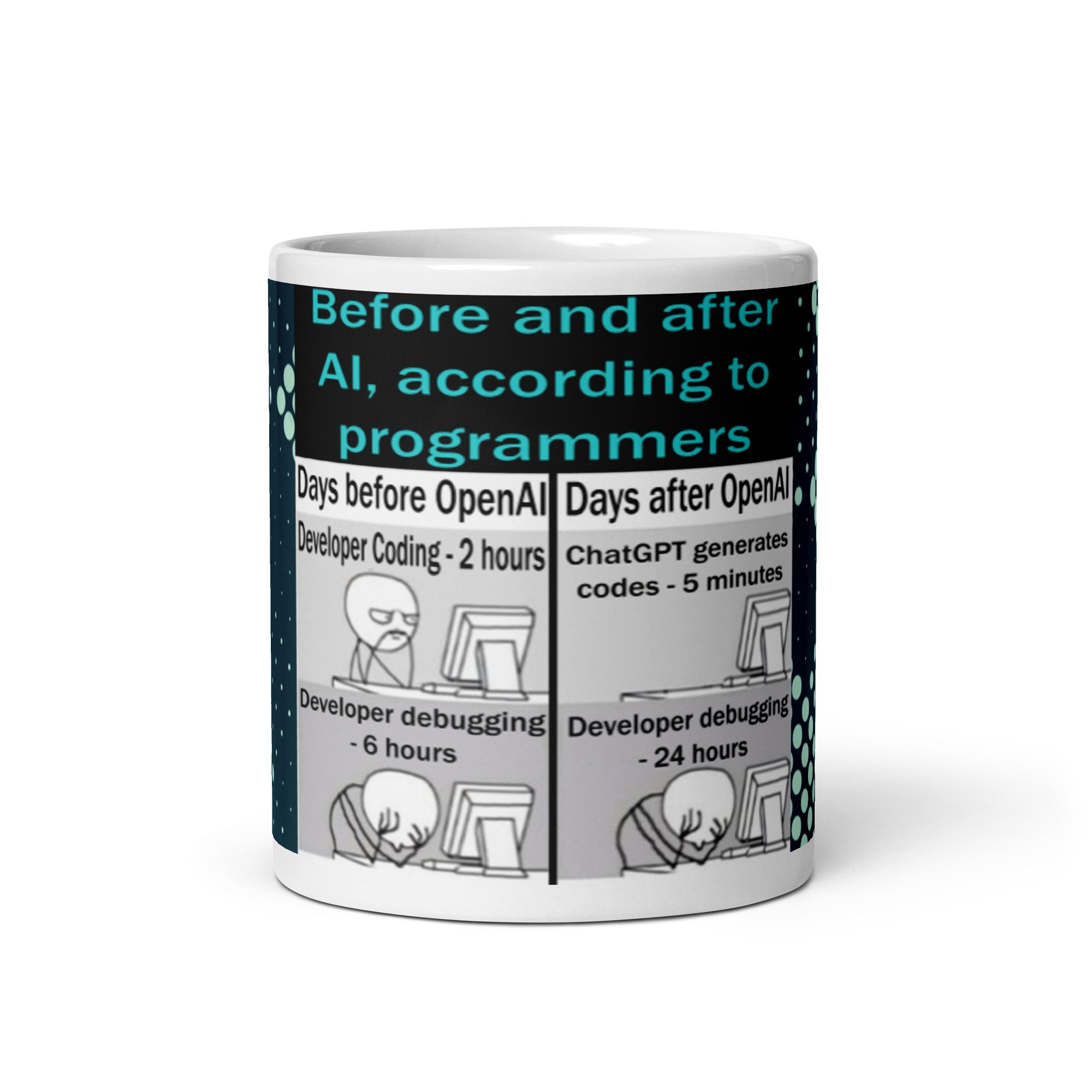 Before and after AI artificial intelligence according to programmers Mug coffee cup 11 oz tech technology techie geeks nerds gifts presents computer guys people IT cyber security artificial intelligence front view