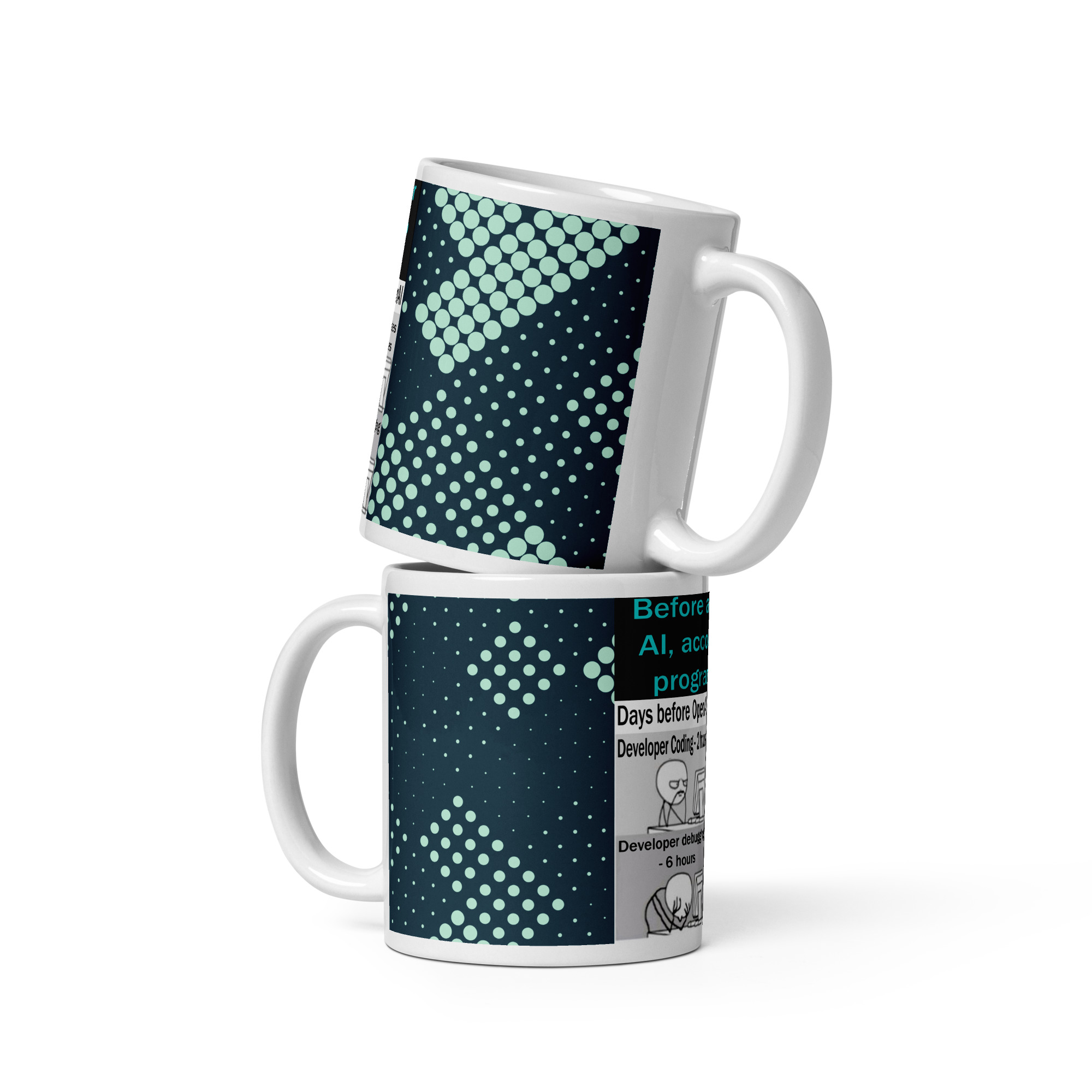Before and after AI artificial intelligence according to programmers Mug coffee cup 11 oz tech technology techie geeks nerds gifts presents computer guys people IT cyber security artificial intelligence side view with handles showing