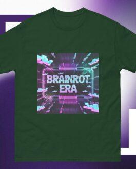 Brainrot Era T-Shirt: Dark green, classic fit tee with a neon pink and blue "Brainrot Era" graphic, embodying the Gen Z glitchcore aesthetic and cyberpunk style