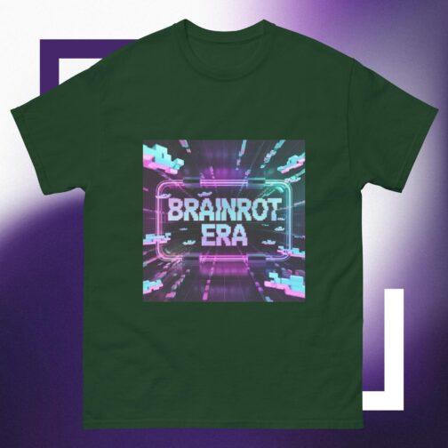 Brainrot Era T-Shirt: Dark green, classic fit tee with a neon pink and blue "Brainrot Era" graphic, embodying the Gen Z glitchcore aesthetic and cyberpunk style