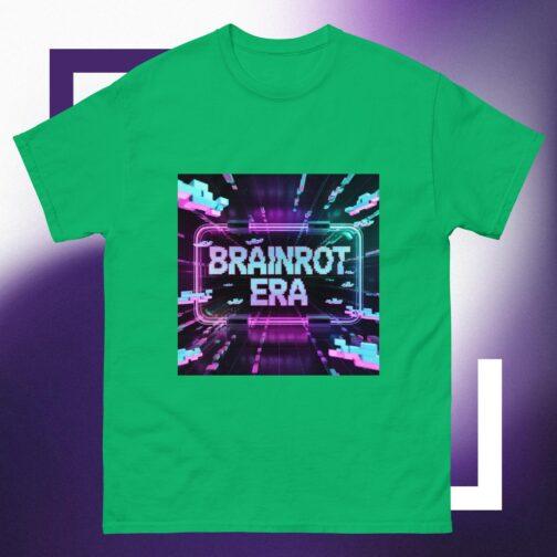 Green Brainrot Era T-Shirt with a neon pink and blue glitchcore aesthetic design. A Gen Z cyberpunk tee for hacker tech enthusiasts, perfect for streetwear outfits.