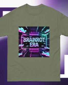 Brainrot Era T-Shirt: Olive green tee with a vibrant, glitchcore aesthetic design featuring neon pink and blue accents, perfect for Gen Z fashion and cyberpunk streetwear.