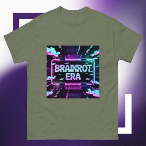 Brainrot Era T-Shirt: Olive green tee with a vibrant, glitchcore aesthetic design featuring neon pink and blue accents, perfect for Gen Z fashion and cyberpunk streetwear.