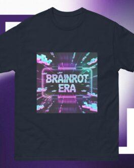 Navy "Brainrot Era" T-shirt with a neon pink and blue glitchcore aesthetic. Gen Z cyberpunk hacker tech tee, classic fit, 100% cotton for comfortable streetwear style.