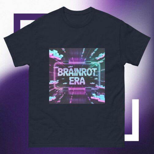 Navy "Brainrot Era" T-shirt with a neon pink and blue glitchcore aesthetic. Gen Z cyberpunk hacker tech tee, classic fit, 100% cotton for comfortable streetwear style.