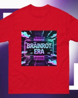 Red Brainrot Era T-Shirt with vibrant neon pink and blue "BRAINROT ERA" glitch graphic. A Gen Z cyberpunk/hacker tech tee in a classic unisex fit.