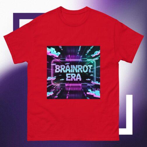 Red Brainrot Era T-Shirt with vibrant neon pink and blue "BRAINROT ERA" glitch graphic. A Gen Z cyberpunk/hacker tech tee in a classic unisex fit.