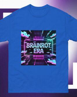 Brainrot Era T-Shirt: Blue tee featuring a neon pink and blue glitchcore aesthetic design, perfect for Gen Z fashion and cyberpunk streetwear