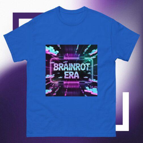 Brainrot Era T-Shirt: Blue tee featuring a neon pink and blue glitchcore aesthetic design, perfect for Gen Z fashion and cyberpunk streetwear