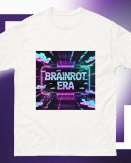 White Brainrot Era T-Shirt with a neon pink and blue "BRAINROT ERA" graphic. A Gen Z glitchcore aesthetic tee with a cyberpunk vibe.