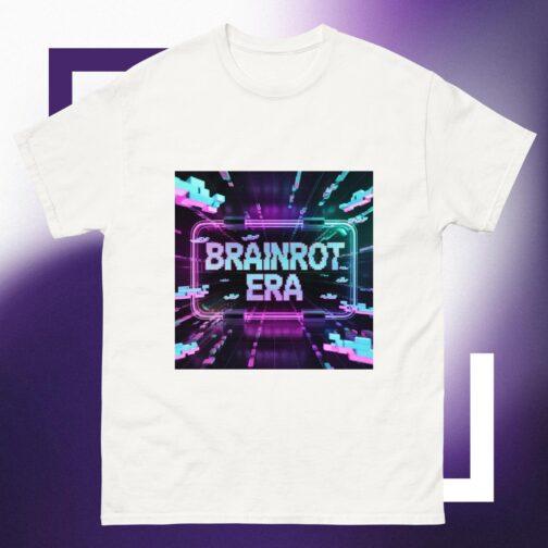 White Brainrot Era T-Shirt with a neon pink and blue "BRAINROT ERA" graphic. A Gen Z glitchcore aesthetic tee with a cyberpunk vibe.