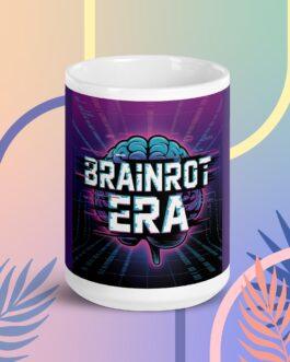 Brainrot Era ceramic mug: a Gen Z retro gaming design with glitch art featuring a brain graphic, perfect for coffee, memes, and creative minds.