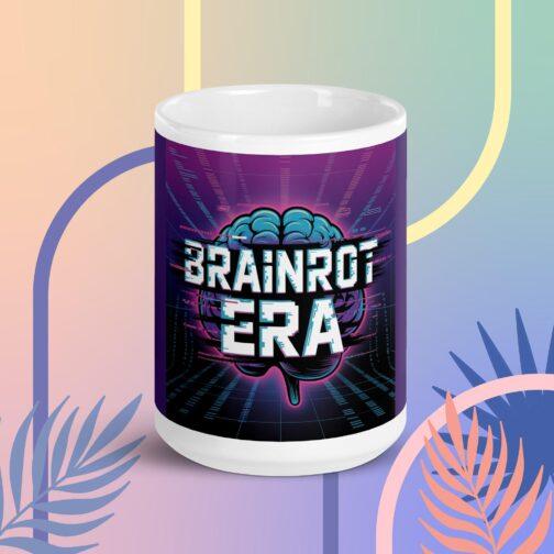 Brainrot Era ceramic mug: a Gen Z retro gaming design with glitch art featuring a brain graphic, perfect for coffee, memes, and creative minds.