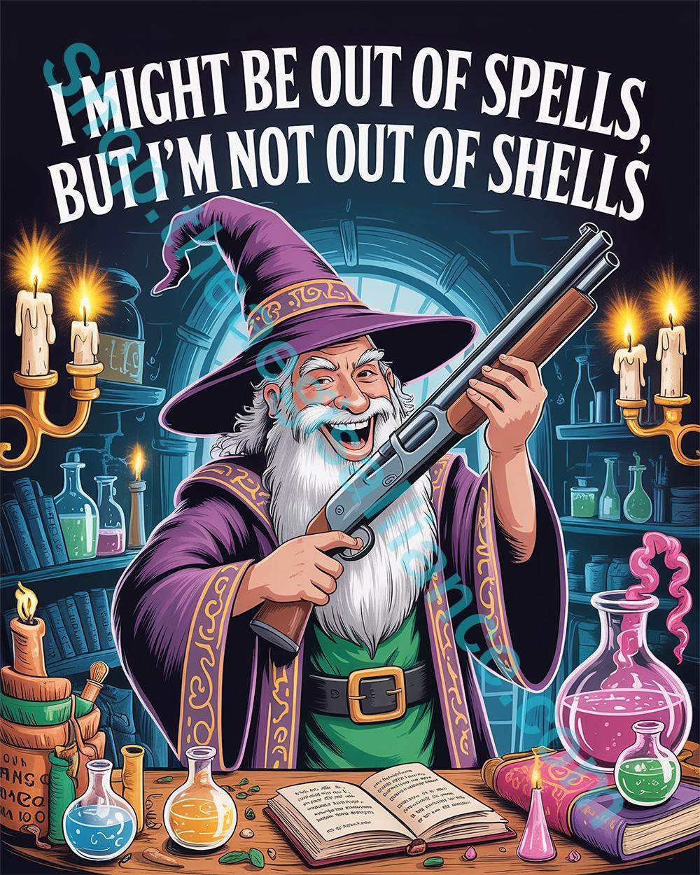 A wizard with a white beard and purple robes grins, holding a shotgun in a room filled with potions and spell books. The text reads: "I might be out of spells, but I'm not out of shells.