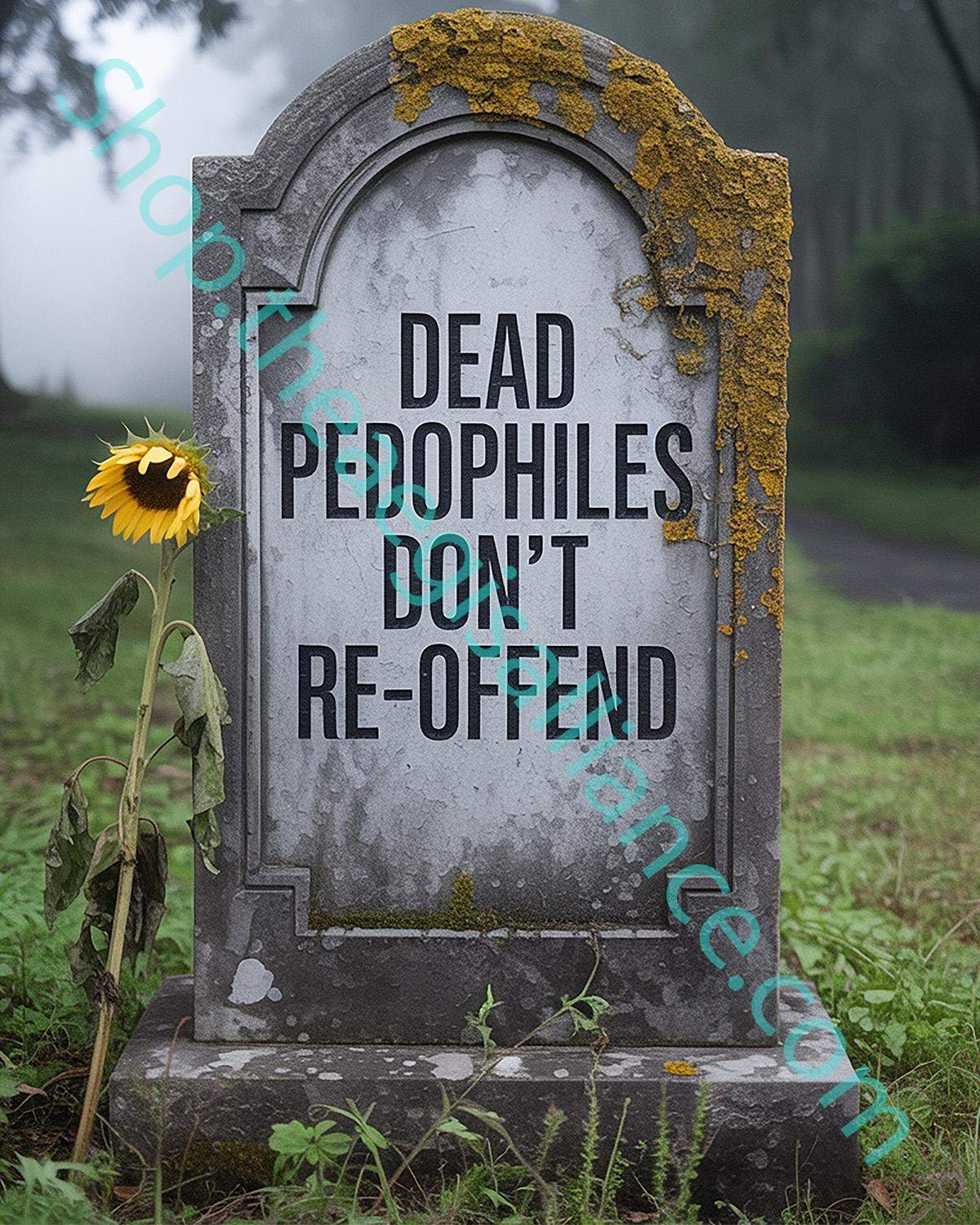 Dead Pedophiles Don't Reoffend message on a weathered tombstone with a sunflower. A political statement tee design for child protection awareness.