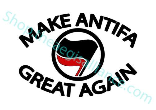 Make Antifa Great Again hat: Distressed black trucker cap with vegan leather patch featuring the Antifa flag. Political satire for activists.