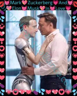Elon Musk & a ZuckBot "In Love" magic mug. Heat reveals AI satire of Elon hugging a Zuckerberg robot. 15oz color-changing coffee cup, a funny tech billionaire gift.