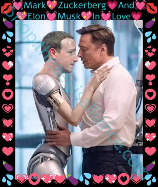 Elon Musk & a ZuckBot "In Love" magic mug. Heat reveals AI satire of Elon hugging a Zuckerberg robot. 15oz color-changing coffee cup, a funny tech billionaire gift.