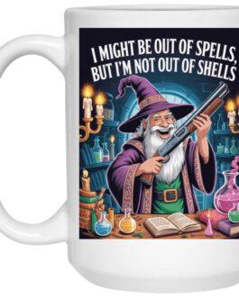 Funny Wizard with Shotgun Mug, 15oz | "Out of Spells, Not Out of Shells" D&D Gamer Coffee Cup | Unique Fantasy RPG Fan Gift, Black Ceramic - Image 1