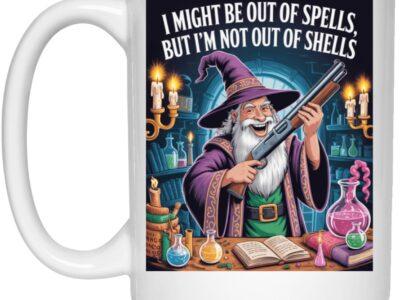 Wizard with shotgun mug: "Out of spells, not out of shells!" Funny D&D coffee cup for RPG fans. Black ceramic, 15oz. A unique, geeky gamer gift!