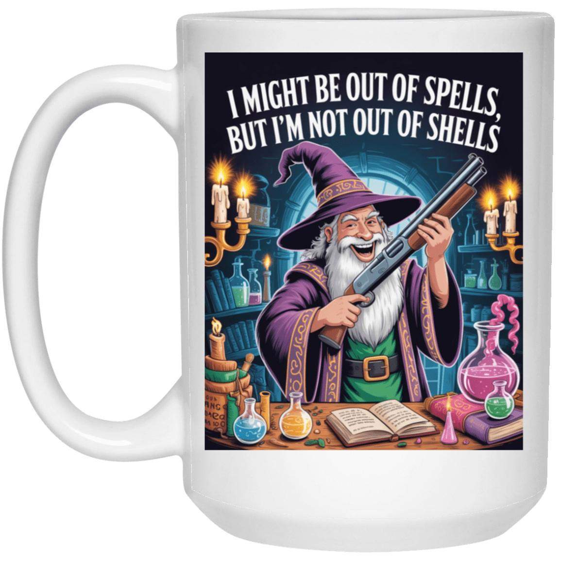 Wizard with shotgun mug: "Out of spells, not out of shells!" Funny D&D coffee cup for RPG fans. Black ceramic, 15oz. A unique, geeky gamer gift!