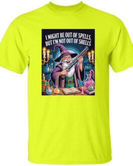Funny Wizard with Shotgun T-Shirt | "Out of Spells, Not Out of Shells" D&D Gamer Graphic Tee | Fantasy RPG & Tabletop Gaming Apparel for Men & Women - Image 1