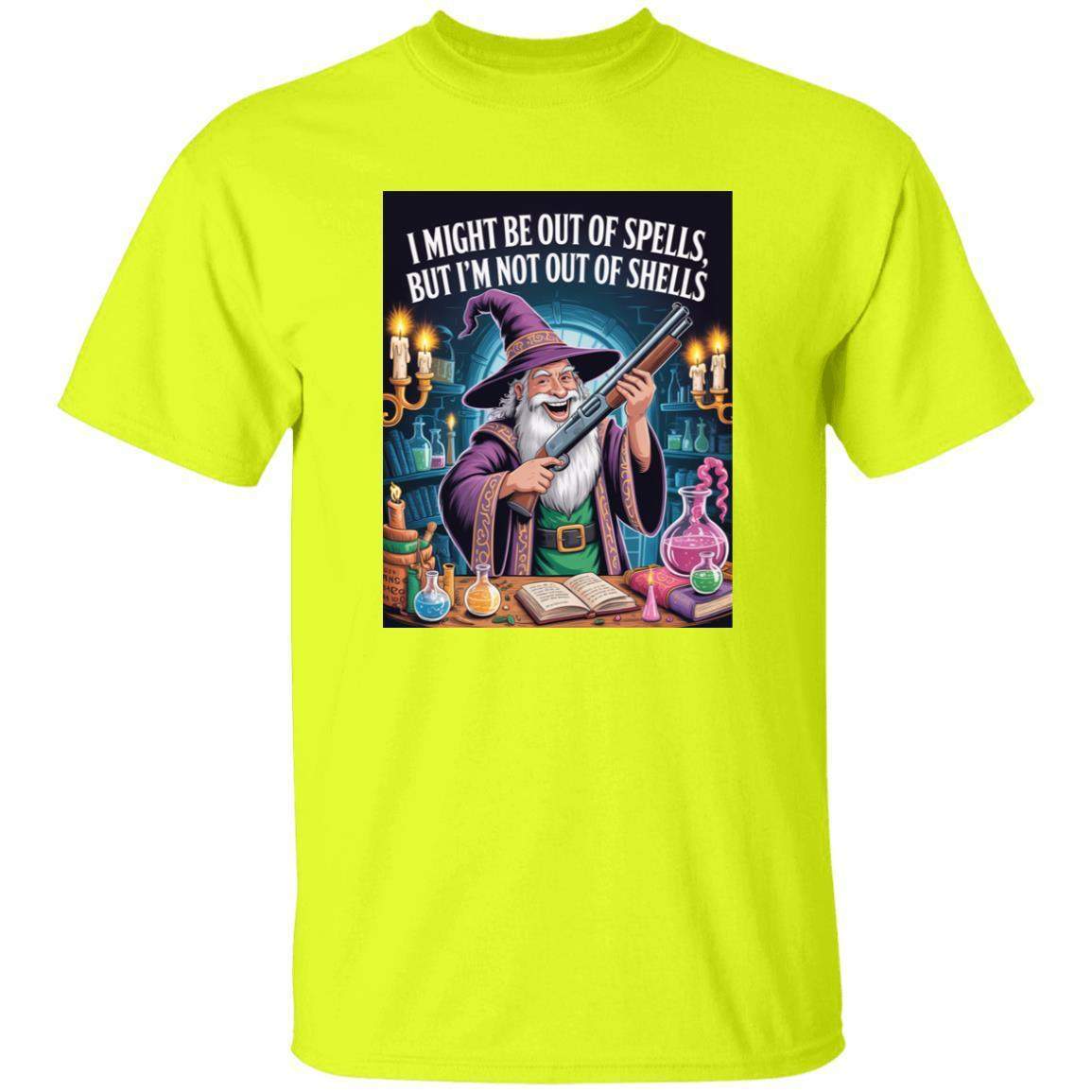 Safety green t-shirt featuring a funny wizard with a shotgun graphic. The text reads "I might be out of spells, but I'm not out of shells," perfect for D&D gamers and fans of fantasy RPGs.