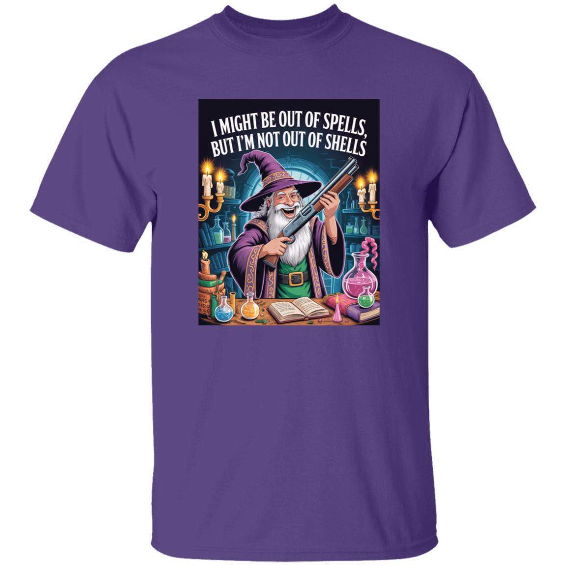 Purple "Out of Spells, Not Out of Shells" t-shirt featuring a wizard with a shotgun at his desk. The funny D&D gamer graphic tee shows the wizard smiling, surrounded by potions and spellbooks. Fantasy RPG apparel for men and women.