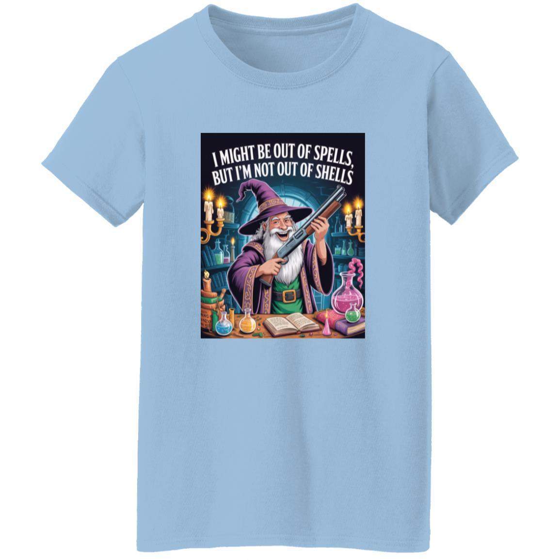 Funny "Out of Spells, Not Out of Shells" women's t-shirt. Features a wizard with a shotgun! A geeky gift for D&D and fantasy RPG fans.