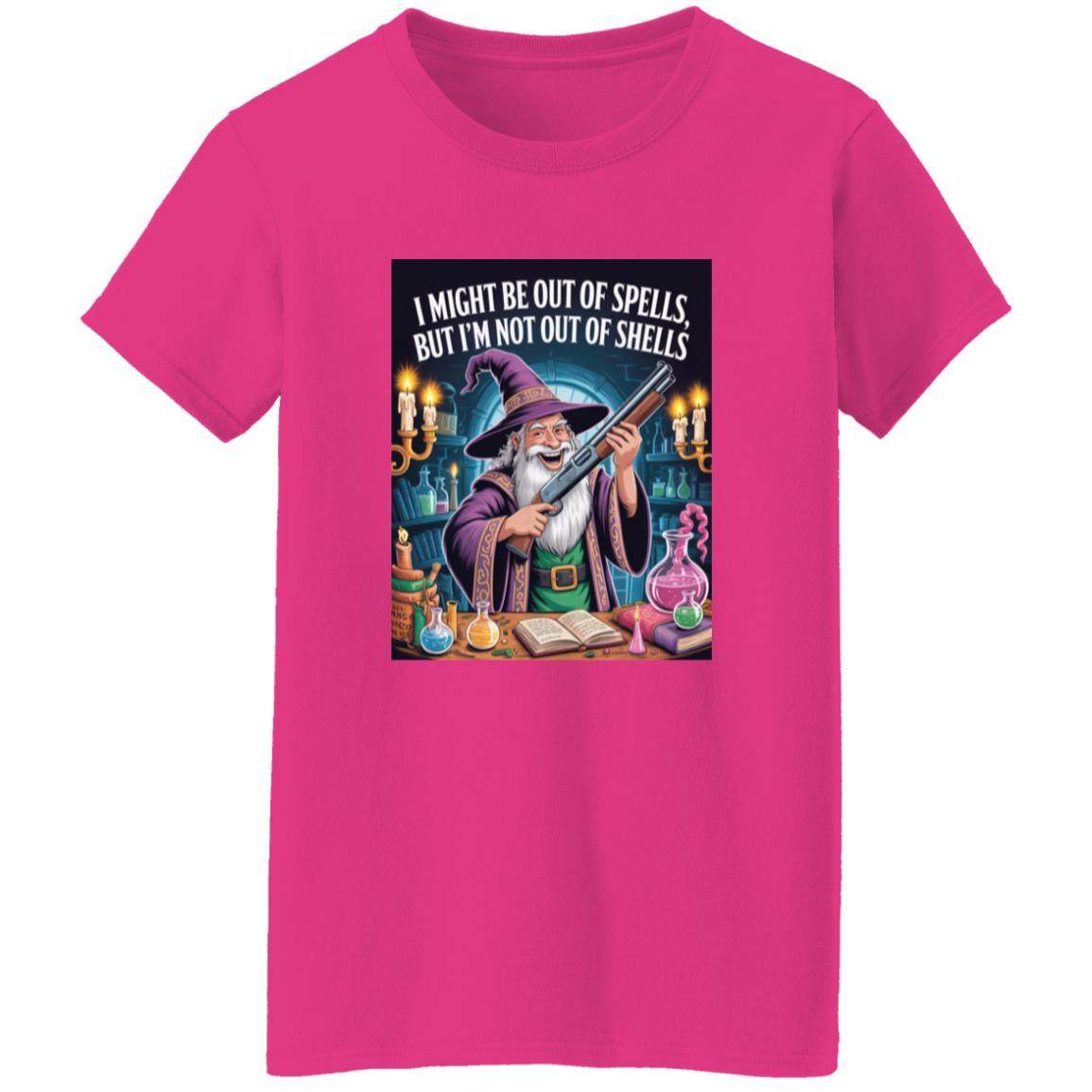 Heliconia pink t-shirt featuring a funny wizard graphic tee design. The wizard, surrounded by potions and spellbooks, holds a shotgun with the text: "I might be out of spells, but I'm not out of shells.