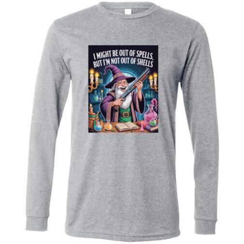 A grey long-sleeve shirt featuring a wizard holding a shotgun in his potion-filled workshop. The text reads, "I might be out of spells, but I'm not out of shells," fitting for a D&D gamer.