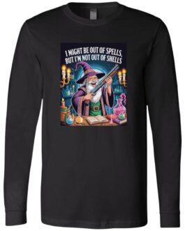 A wizard in a purple robe and hat stands behind a table filled with potions and spell books, holding a shotgun. The text reads: "I might be out of spells, but I'm not out of shells." A fun image for D&D gamers!