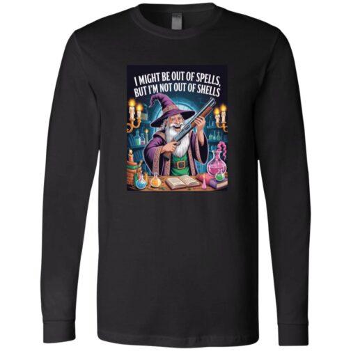 A wizard in a purple robe and hat stands behind a table filled with potions and spell books, holding a shotgun. The text reads: "I might be out of spells, but I'm not out of shells." A fun image for D&D gamers!