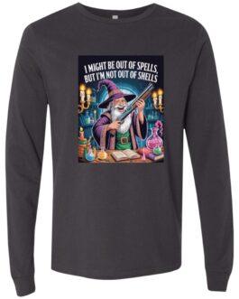 Dark grey long sleeve D&D gamer tee shirt featuring a wizard holding a shotgun, surrounded by potions and spell books. Text: "I might be out of spells, but I'm not out of shells.