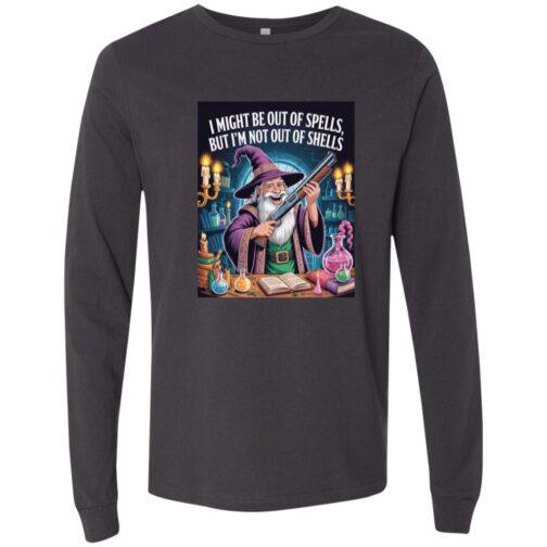 Dark grey long sleeve D&D gamer tee shirt featuring a wizard holding a shotgun, surrounded by potions and spell books. Text: "I might be out of spells, but I'm not out of shells.