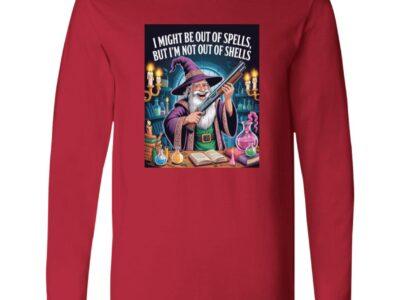 A wizard in a purple robe and hat holds a shotgun, surrounded by potions and spellbooks. Text: "I might be out of spells, but I'm not out of shells." A fun "Out of Spells, Not Out of Shells" D&D gamer long sleeve tee design.