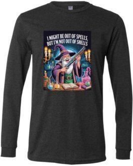 A wizard in a purple robe and hat smiles, holding a shotgun in a potion-filled room. Text: "I might be out of spells, but I'm not out of shells." A fun D&D gamer long sleeve tee design.