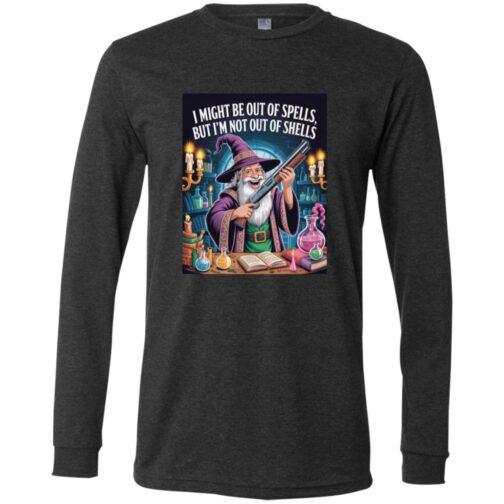 A wizard in a purple robe and hat smiles, holding a shotgun in a potion-filled room. Text: "I might be out of spells, but I'm not out of shells." A fun D&D gamer long sleeve tee design.
