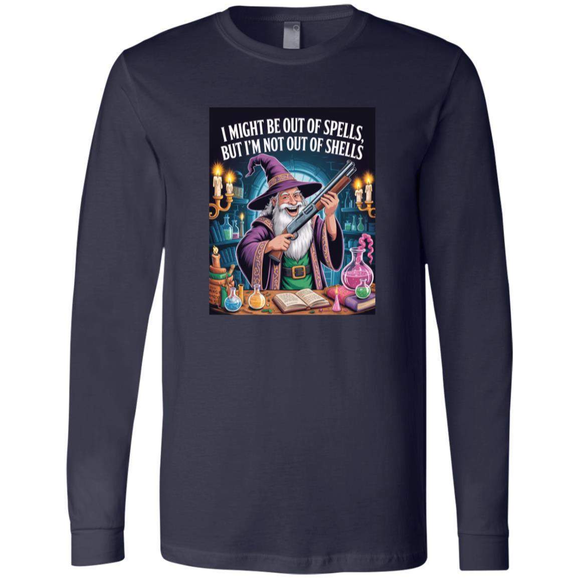 A long-sleeve navy shirt featuring a wizard holding a shotgun. The design, inspired by "Out of Spells, Not Out of Shells", shows the wizard in his workshop with potions and spell books.