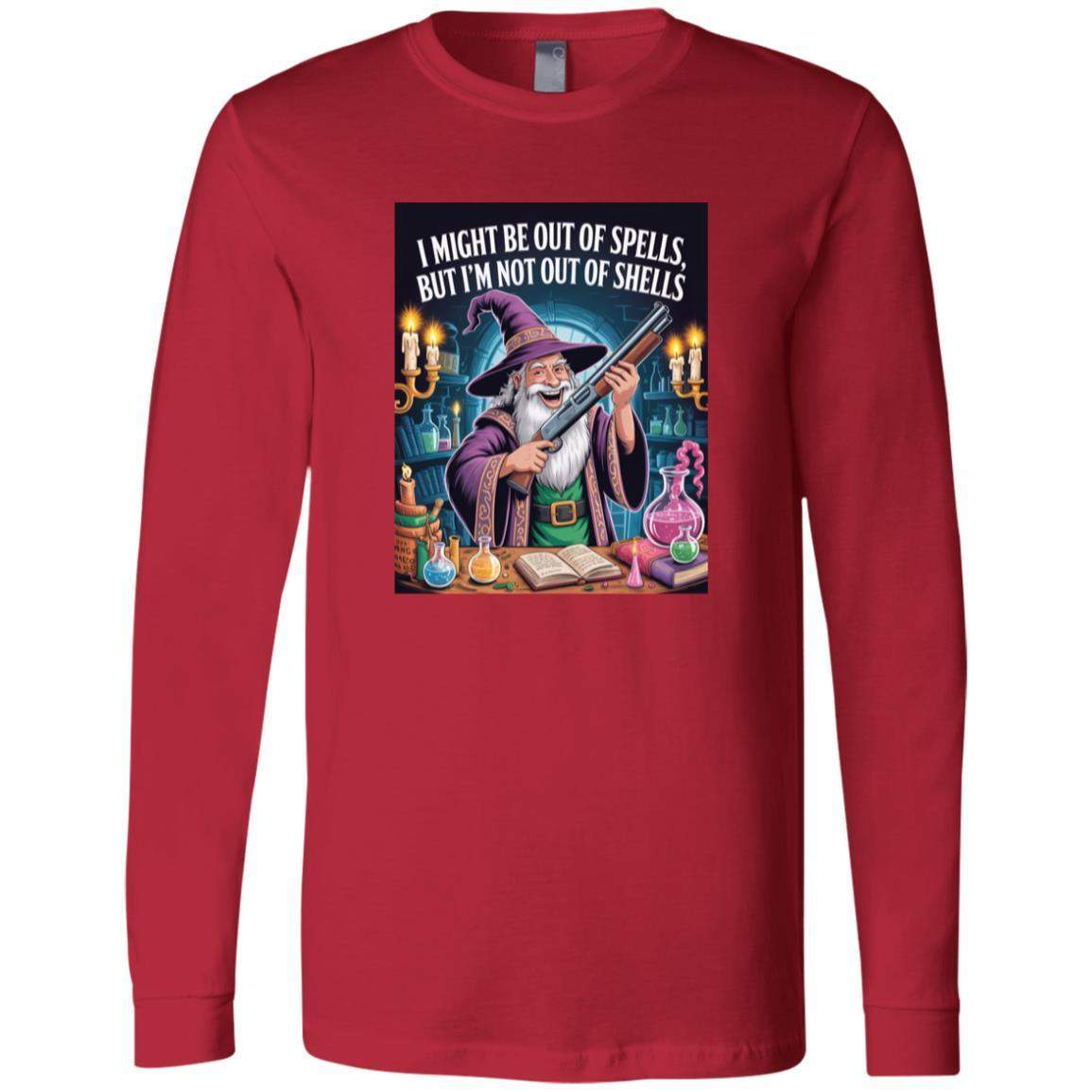 A wizard in a purple robe and hat holds a shotgun, surrounded by potions and spellbooks. Text: "I might be out of spells, but I'm not out of shells." A fun "Out of Spells, Not Out of Shells" D&D gamer long sleeve tee design.